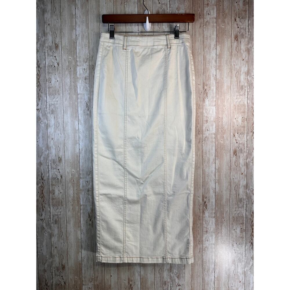 Anthropologie Belle Vere Pencil‎ Skirt XS Ivory Brown Stitching Back Slit NWOT